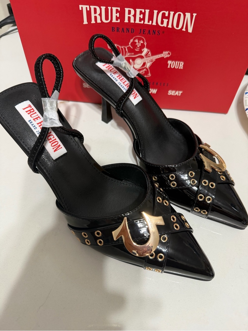 True Religion Black Patent Pointed-Toe Mules with Gold Hardware - Picture 5 of 9